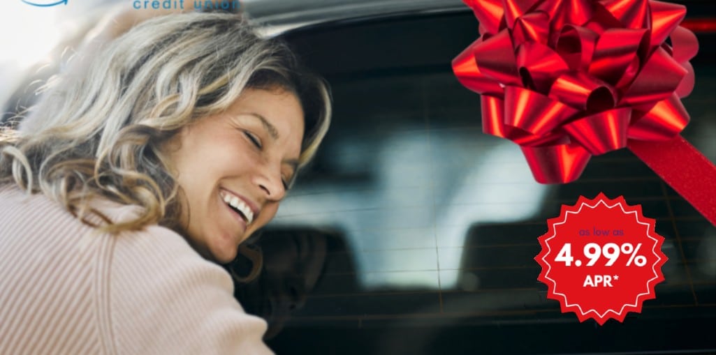 Woman hugging her new car she just bought with an auto loan from People Driven Credit Union.